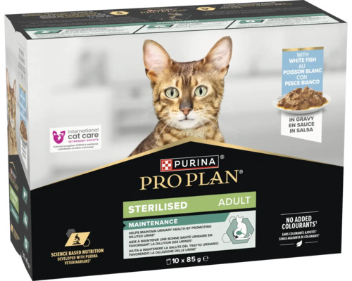 Hrană pentru pisici Purina Pro Plan Sterilised Adult cu peşte alb în sos, pachet multiplu cu 10 pliculeţe a câte 85 grame
