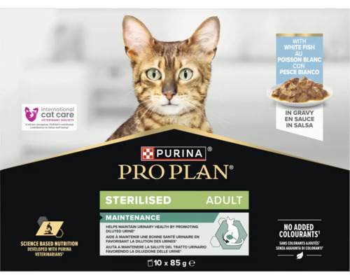 Hrana pentru pisici Purina Pro Plan Adult Sterilised cu peste alb in sos, 10 ori 85 grame ambalaj multiplu