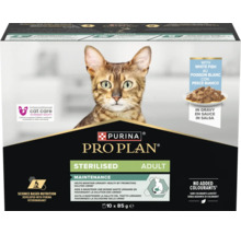 Hrană pentru pisici Purina Pro Plan Sterilised Adult cu pește alb în sos, pachet de 10 ori 85 grame.
