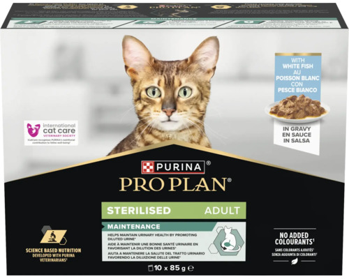 Hrană pentru pisici Purina Pro Plan Sterilised Adult cu pește alb în sos, pachet de 10 ori 85 grame.