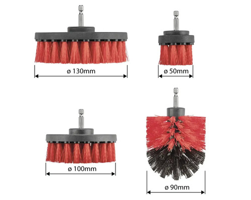 Set de patru perii de curățare pentru mașini de găurit sau șurubelnițe electrice în diferite dimensiuni cu tijă hexagonală pentru curățare eficientă.