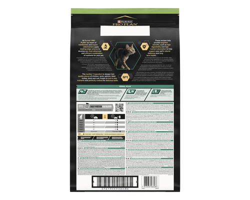 Partea din spate a plicului de hrană pentru pisici Purina Pro Plan cu informații despre ingrediente și dozaj recomandat pentru pisici sterilizate
