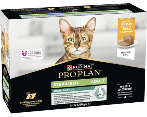Hrana umeda pentru pisici Purina Pro Plan Sterilised Adult cu pui sub forma de mousse 12 ori 85 grame pachet multiplu