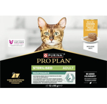 Hrană umedă pentru pisici Purina Pro Plan Sterilised Adult Mousse cu pui, 12 ori 85 grame pachet multiplu pentru sănătatea tractului urinar.