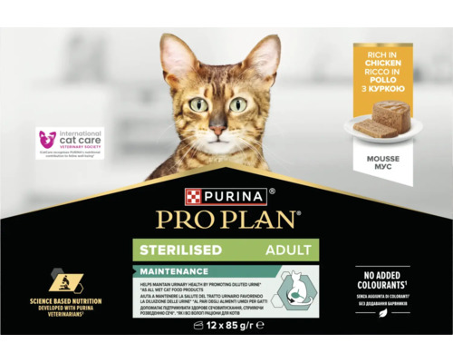 Hrană umedă pentru pisici Purina Pro Plan Sterilised Adult Mousse cu pui, 12 ori 85 grame pachet multiplu pentru sănătatea tractului urinar.