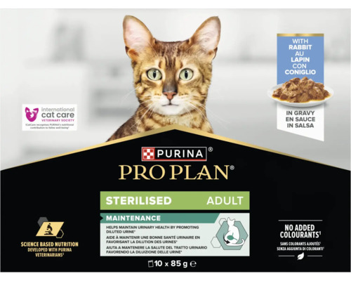 Hrană pentru pisici Purina Pro Plan Adult Sterilised cu iepure în sos, 10 ori 85 grame multipachet pentru susținerea tractului urinar.