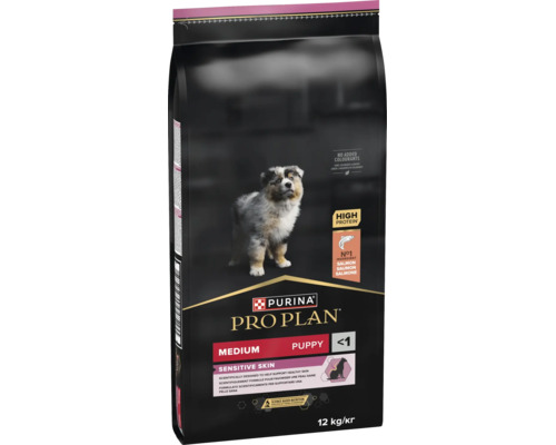 Hrană pentru câini Purina Pro Plan Medium Puppy Sensitive Skin cu somon, 12 kilograme de hrană uscată pentru puii de talie medie.