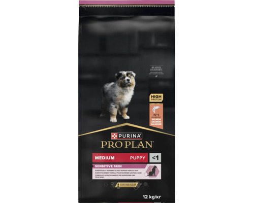 Hrana pentru caini Purina Pro Plan Medium Puppy Sensitive Skin cu somon, pachet de 12 kilograme.