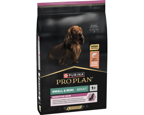 Hrană pentru câini Purina Pro Plan Adult Small și Mini Sensitive Skin cu somon ca ingredient principal într-un ambalaj