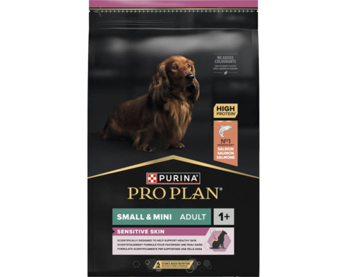 Hrană pentru câini Purina Pro Plan Small și Mini Adult Sensitive Skin cu somon în ambalaj