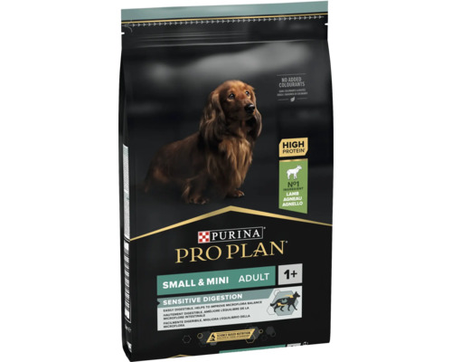Hrană pentru câini Purina Pro Plan Adult Small și Mini Sensitive Digestion cu miel ca prim ingredient pentru câini cu digestie sensibilă.