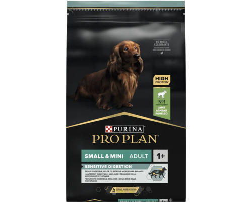 Hrana pentru câini Purina Pro Plan Small and Mini Adult Sensitive Digestion cu miel ca prim ingredient într-un ambalaj