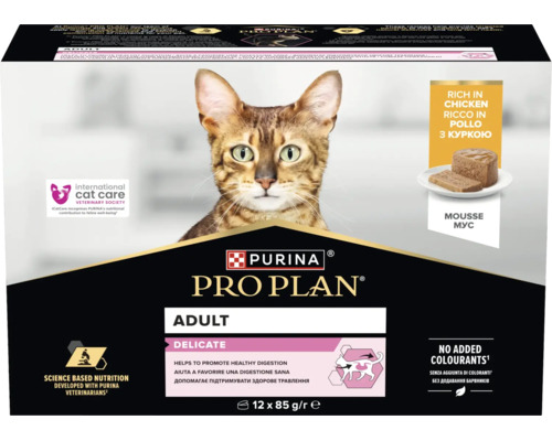 Hrană pentru pisici Purina Pro Plan Adult Delicate mousse cu pui 12 bucăți de 85 grame multipack