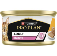 Conservă hrană pentru pisici Purina Pro Plan Adult Delicate pentru pisici adulte cu digestie sensibilă.