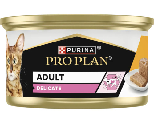 Conservă hrană pentru pisici Purina Pro Plan Adult Delicate pentru pisici adulte cu digestie sensibilă.