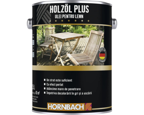 Ulei pentru lemn Plus pentru mobilier de grădină la bidon de 2,5 litri cu sigiliu Made in Germany și logo Hornbach.