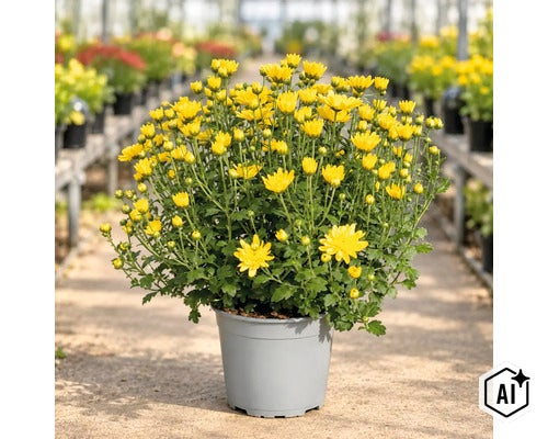 Crizantemă galbenă înflorită în ghiveci de plastic ca plantă de interior sau de grădină (Image AI modified or generated)