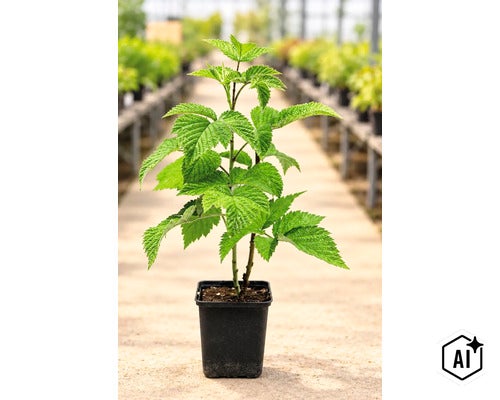 O plantă tânără de zmeur într-un ghiveci de plastic în seră. (Image AI modified or generated)