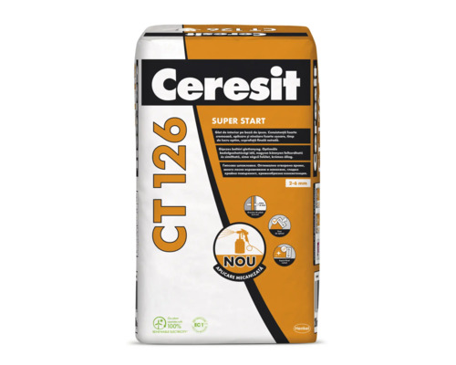 Glet de interior pe baza de ipsos Ceresit CT 126 Super Start, sac de 20 kilograme pentru finisarea si netezirea suprafetelor peretilor.
