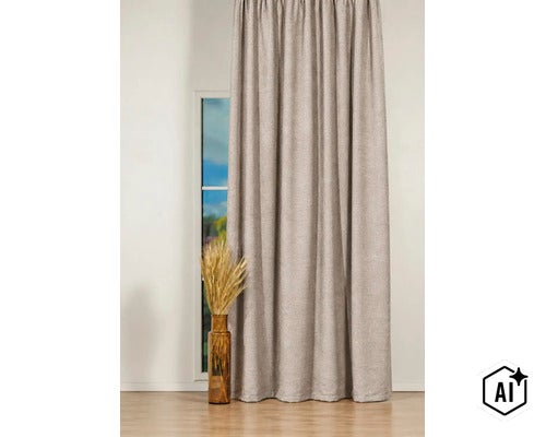 O draperie opaca cu textură în fața unei ferestre, alături de o vază din sticlă cu spice de grâu pe o podea de lemn. (Image AI modified or generated)