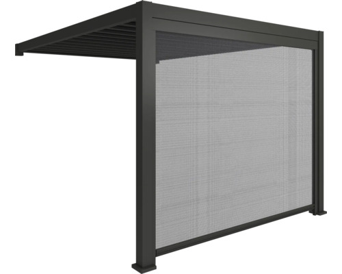Element lateral pentru acoperiș cu lamele din metal cu ecran textil pentru protecție împotriva vântului și a privirilor