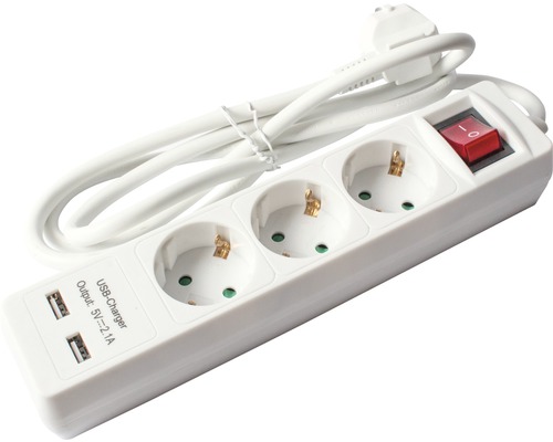 Prelungitor electric Strohm 3 prize + 2x USB 1,4m 3680W alb, cu întrerupător