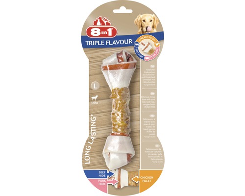 Recompensă pentru câini 8în1 Triple Flavour Os L, 1 buc. Os de mestecat 8in1 Triple Flavour, mărimea L, pentru câini peste 20 kilograme