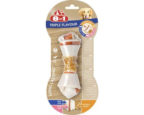 Recompensă pentru câini 8în1 Triple Flavour Os M, 1 buc. Os 8in1 Triple Flavour pentru câini cu carne de vită, porc și pui