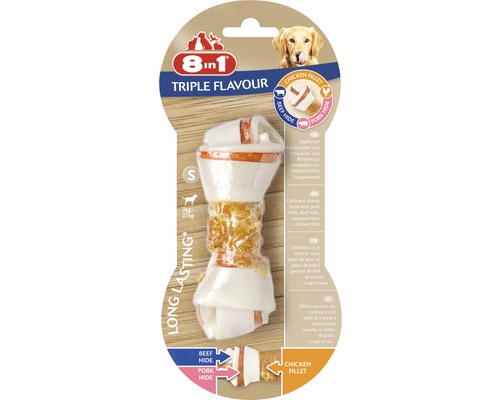 Recompensă pentru câini 8în1 Triple Flavour Os S 1 buc. 35 g Os de rosii pentru câini 8in1 Triple Flavour, mărimea S