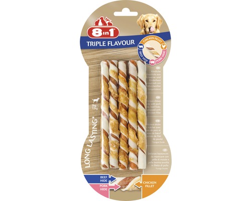 Recompensă pentru câini 8în1 Triple Flavour Sticks, 10 buc. 8in1 Triple Flavour gustare pentru câini cu carne de vită, porc și pui