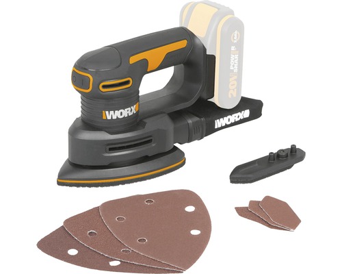 Șlefuitor cu talpă delta fără acumulator Worx WX822.9 20V, accesorii incluse Șlefuitor excentric cu acumulator WORX cu șmirghel și accesorii