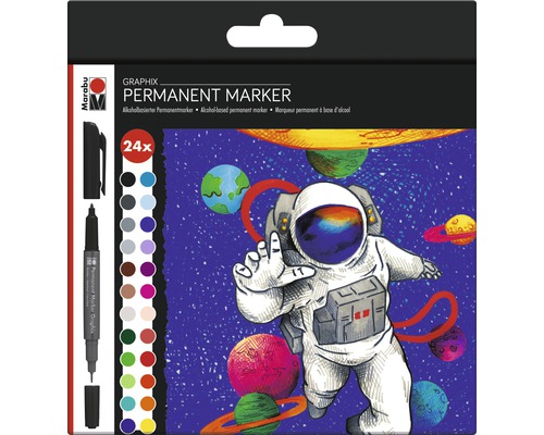 Markere permanente Marabu Graphix, 24 bucăți, pe bază de alcool