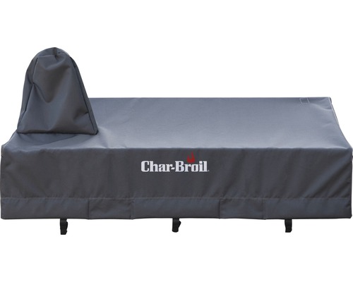 Logo Char-Broil pe o husă gri pentru grătar, pentru a proteja grătarul