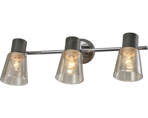 Lumină de perete cu trei becuri, detalii din lemn și abajururi din sticlă