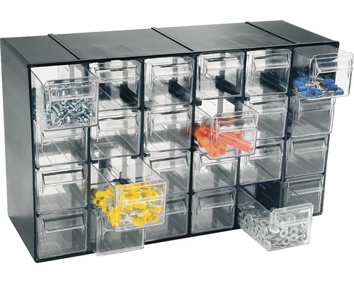 Cutie plastic depozitare & organizare ArtPlast Hobby 377x142x228 mm, 24 casete Dulap cu sertare transparente pentru depozitarea șuruburilor și a altor accesorii