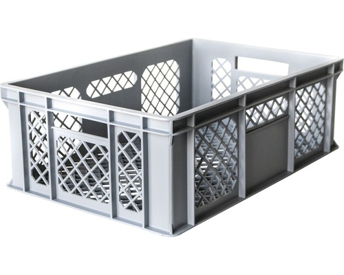 Cutie gri din plastic cu structură tip grilaj pentru depozitare și transport