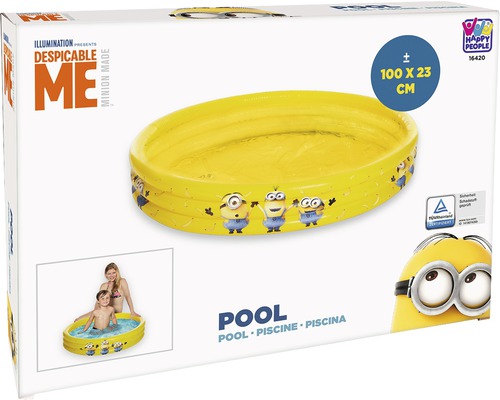 Ambalajul unei piscine galbene pentru copii cu Minioni și dimensiunile de 100 x 23 centimetri
