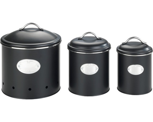 Trei recipiente negre din metal pentru depozitare, cu capac și detalii argintii