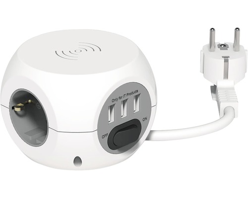 Prelungitor electric Strohm 3 prize + 3x USB + încărcare wireless, cablu 3m 3680W, cu întrerupător, alb
