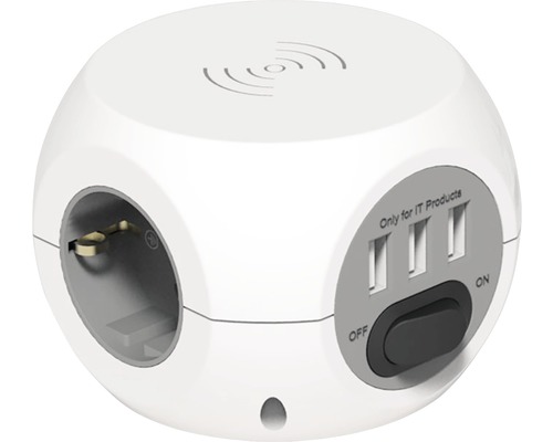 Bloc de prize în formă de cub cu porturi USB și funcție de încărcare wireless