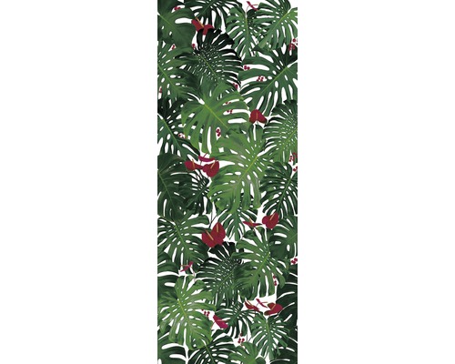 Faianță decorativă Anthurium Voque White 100x250 cm Tapet cu frunze Monstera, flori roșii și fructe de pădure