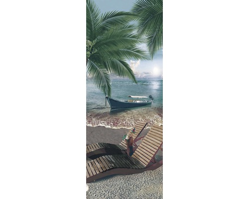Faianță decorativă Palms 2 White 100x260 cm Placă decorativă cu motiv de plajă, șezlonguri, mare și barcă