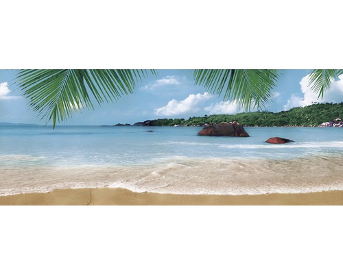 Faianță decorativă Beach White 100x250 cm Ilustrație a unui peisaj tropical de plajă cu palmieri