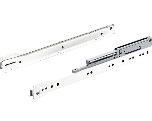 Glisiere tip șină cu bile Hettich 350mm, max. 20kg, cu amortizor, oțel vopsit alb, 1 pereche