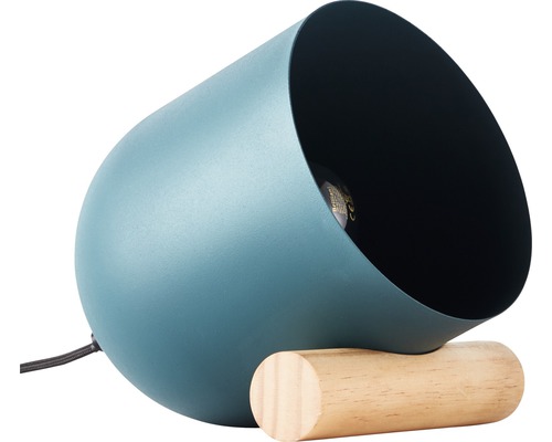 Lampă de masă cu abajur albastru și bază din lemn
