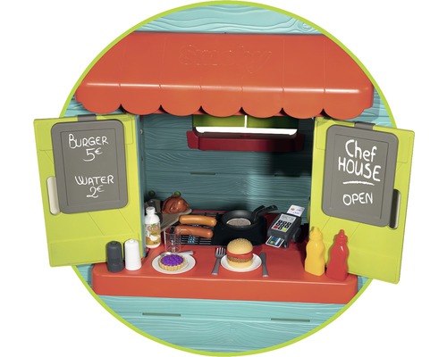 Stand de jucărie cu meniu, alimente de jucărie și casă de marcat de jucărie