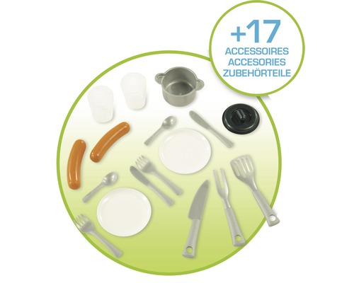 Accesorii pentru bucătărie de jucărie cu oale, farfurii și tacâmuri