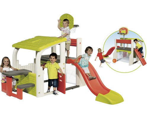 Căsuță de joacă pentru copii cu tobogan și coș de baschet pentru grădină