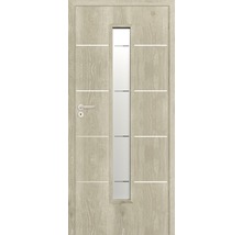 Ușă din lemn cu inserție de sticlă și linii decorative orizontale