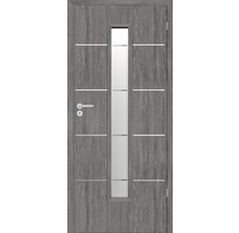 Ușă de interior cu inserție de sticlă și linii decorative orizontale.